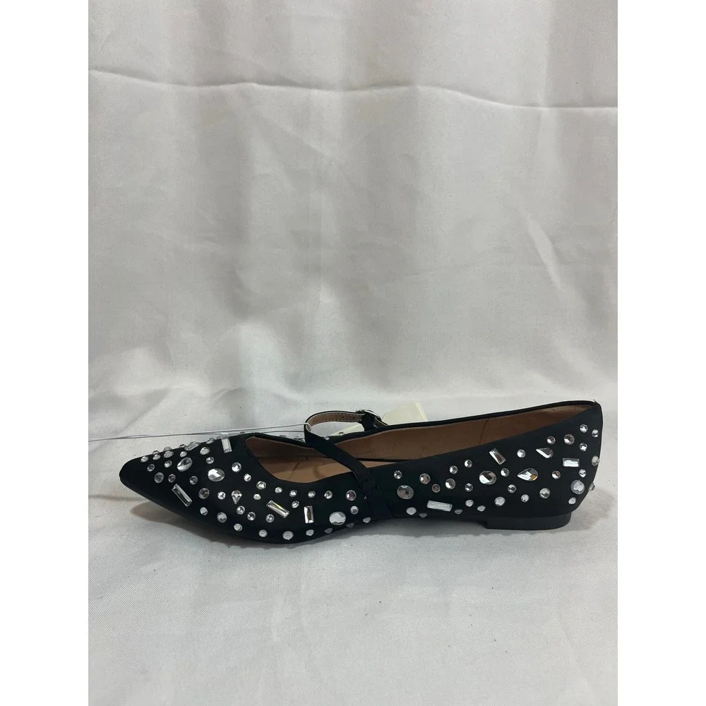A New Day Womens Rhinestone Pointed Toe Mary Jane Flats Black Size 10 NWT